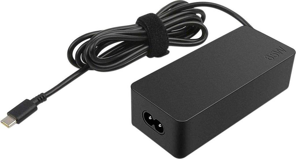 A black laptop power adapter with a USB-C cable.