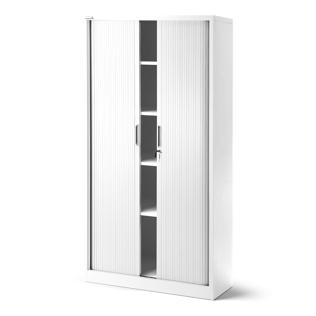 A white office cabinet with sliding doors.