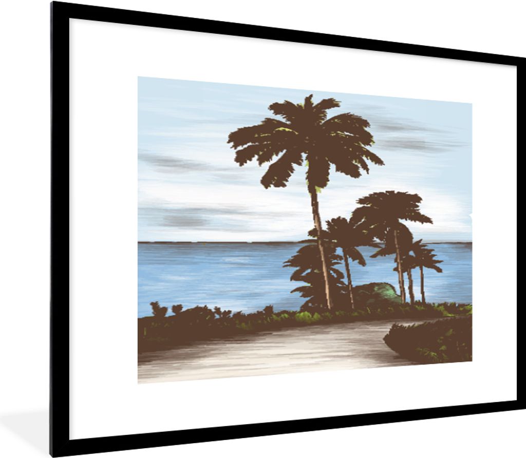 MuchoWow MuchoWow Gerahmtes Poster Meer - Palme - Aquarell 80x60 cm - Poster mit zchwarzem Bilderrahmen - Schlafzimmer-Dekorationen - Fotoposter