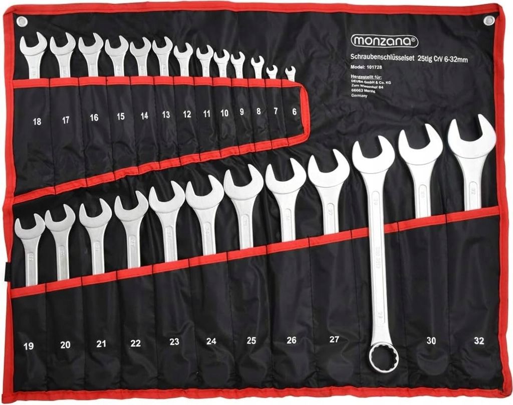 A set of wrenches laid out in a black fabric roll-up case with red trim.