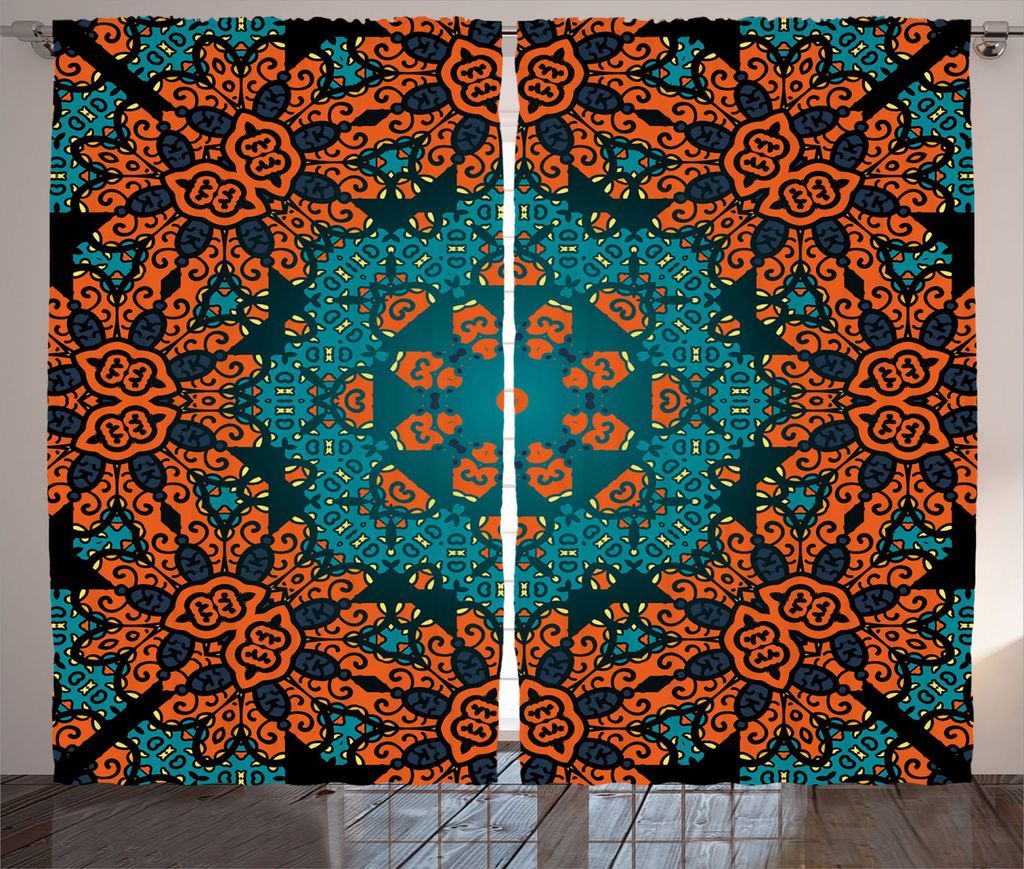 ABAKUHAUS Psychedelisch Rustikaler Gardine, Floral Boho Hippie, Schlafzimmer Kräuselband Vorhang mit Schlaufen und Haken, 280 x 175 cm, Teal orange