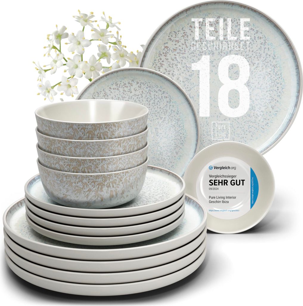 Steingut Geschirrset 6 Pers. Ibiza 18-tlg - Hochwertiges Mediterranes Steingut Geschirr Set - Schüssel & Teller Set - Tafelservice 6 Personen Gesc...
