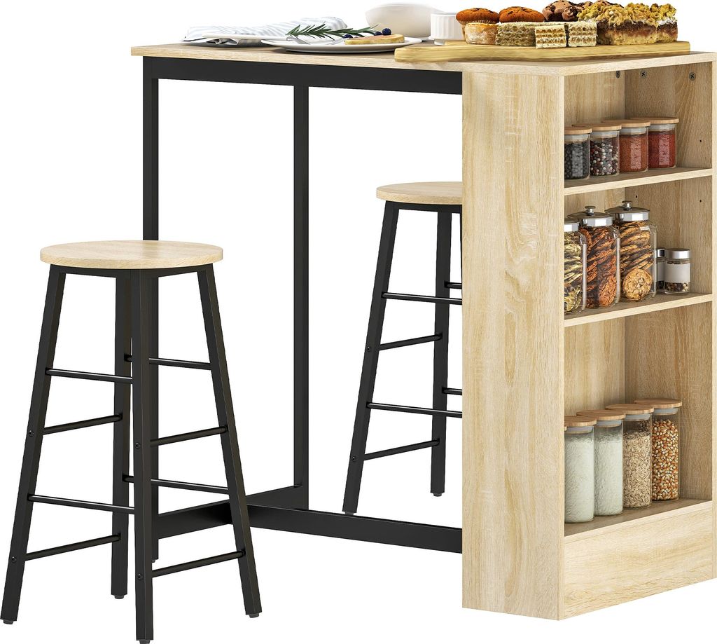3-teiliges Bartisch-Set, 1 Tresen, 2 Stühle, mit Stauraum und Fußstützen, platzsparend, Hellbraun+Schwarz