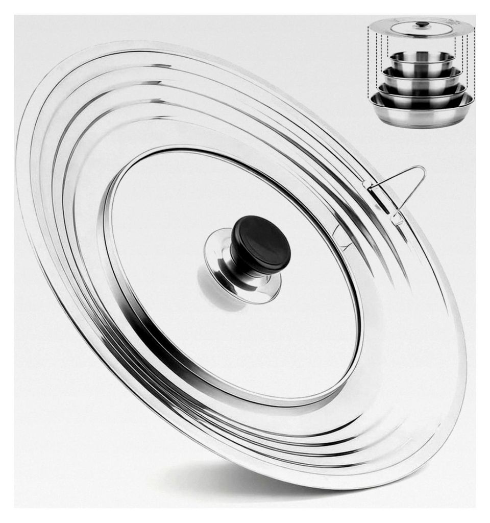 Universaldeckel für Pfannen 28 cm, Topfdeckel aus gehärtetem Glas mit hitzebeständigem Silikongriff und Edelstahlrand für Töpfe und Woks