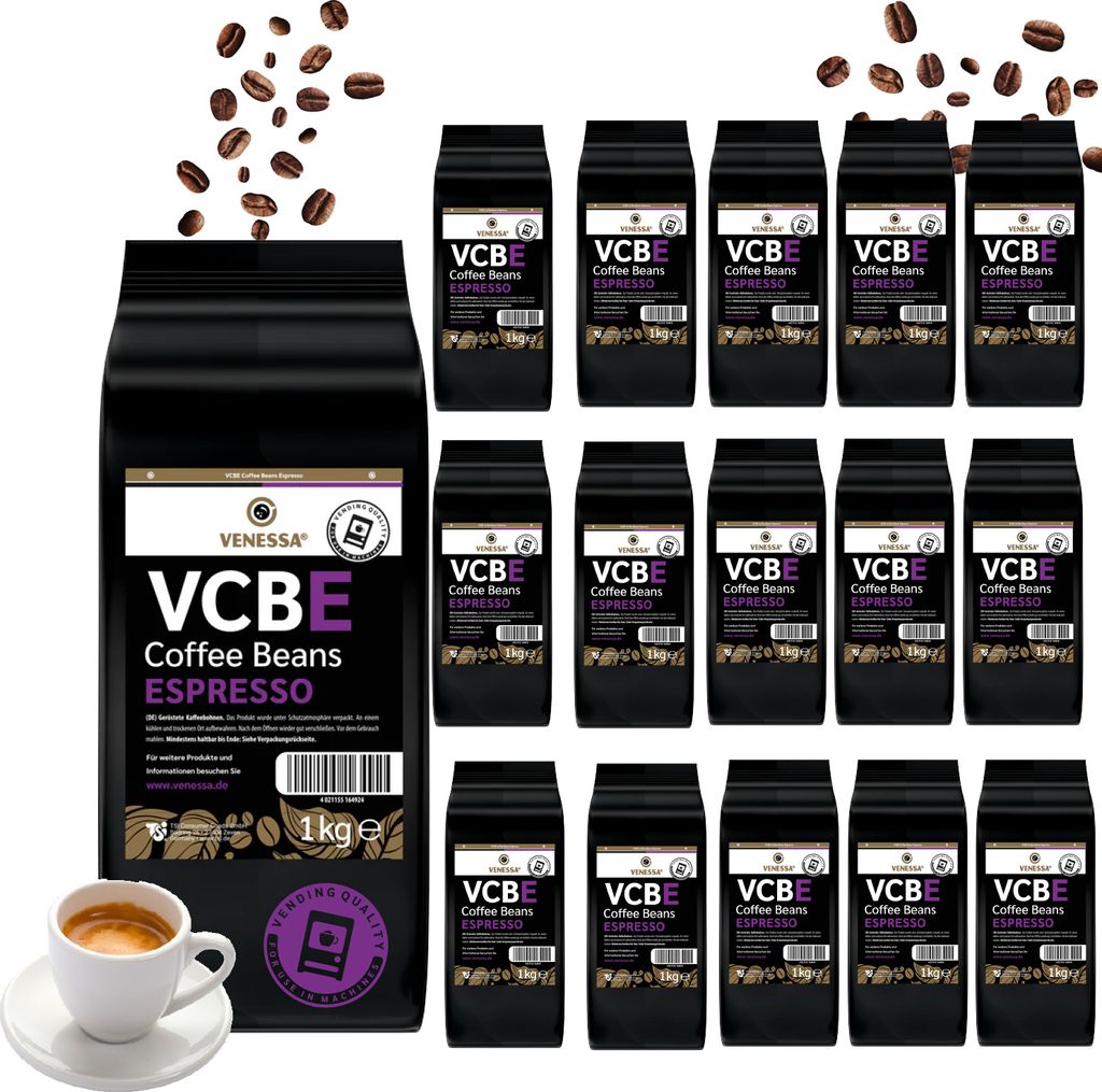 VENESSA VCBE 16 x 1kg Espressobohnen - ungemahlen Kräftig Intensiv - Kaffee für alle Automaten, fein geröstet, 20% Arabica 80% Robusta