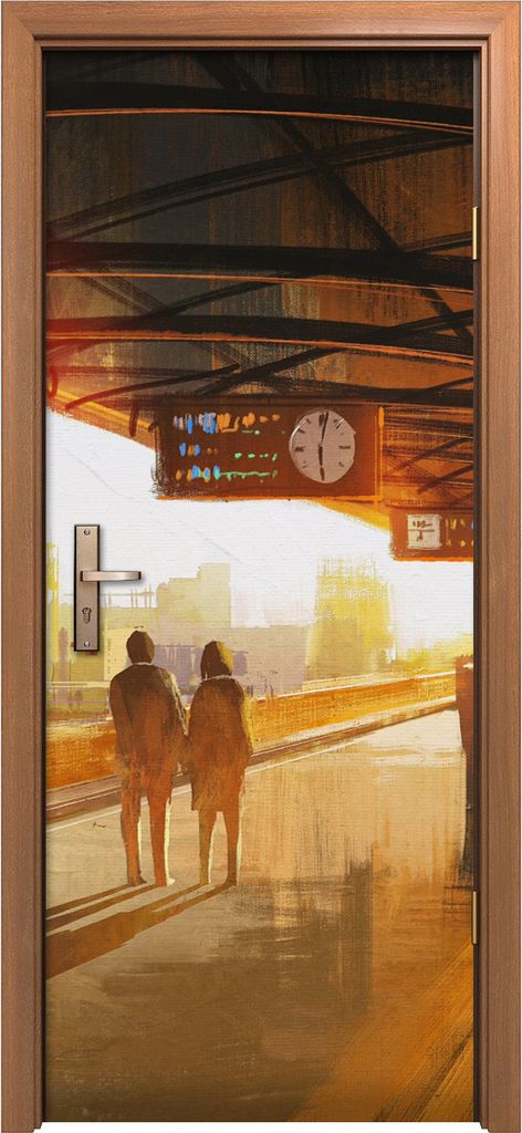 Türposter 80x200 cm Türaufkleber Türtapete Türfolie Klebefolie Gemälde Paar das auf einen Zug wartet