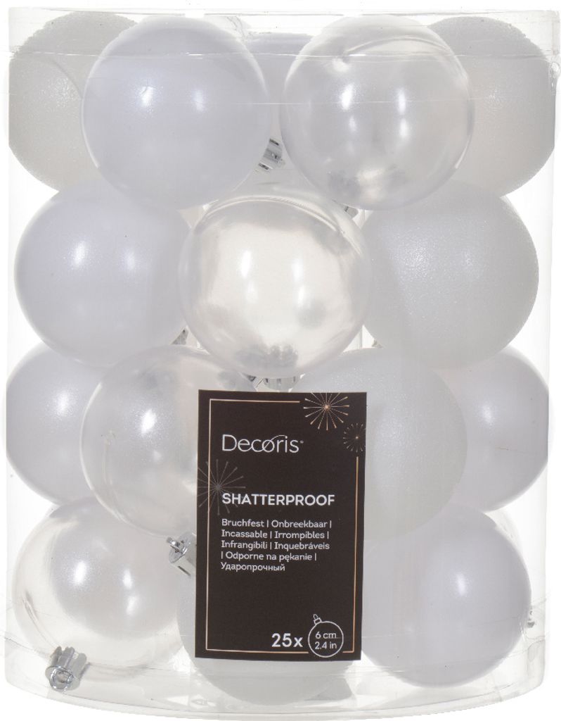 Weihnachtskugeln Kunststoff 6cm 25 Stück - Winterweiß - transparent