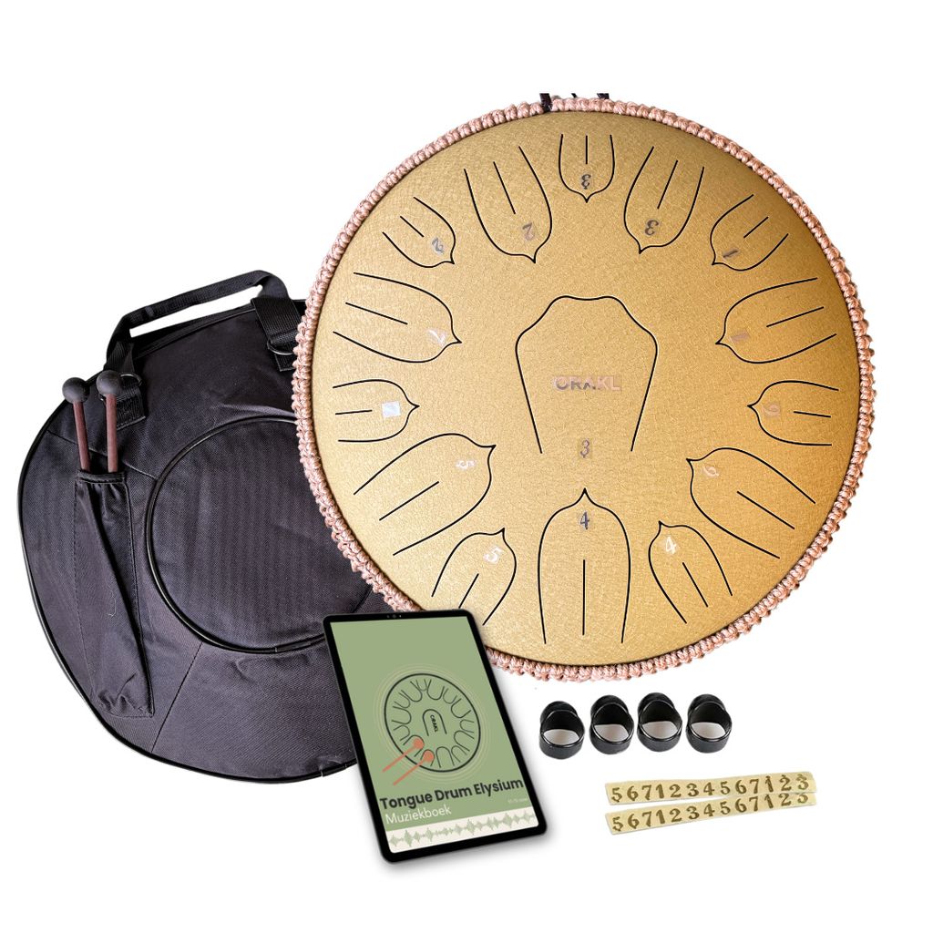Orakl - Steel Tongue Drum Elyisium Sonnenschein Gold - Handpfanne ø 35 cm - Inklusive Lehrbuch - Zungentrommel - Regentrommel - Klangschale