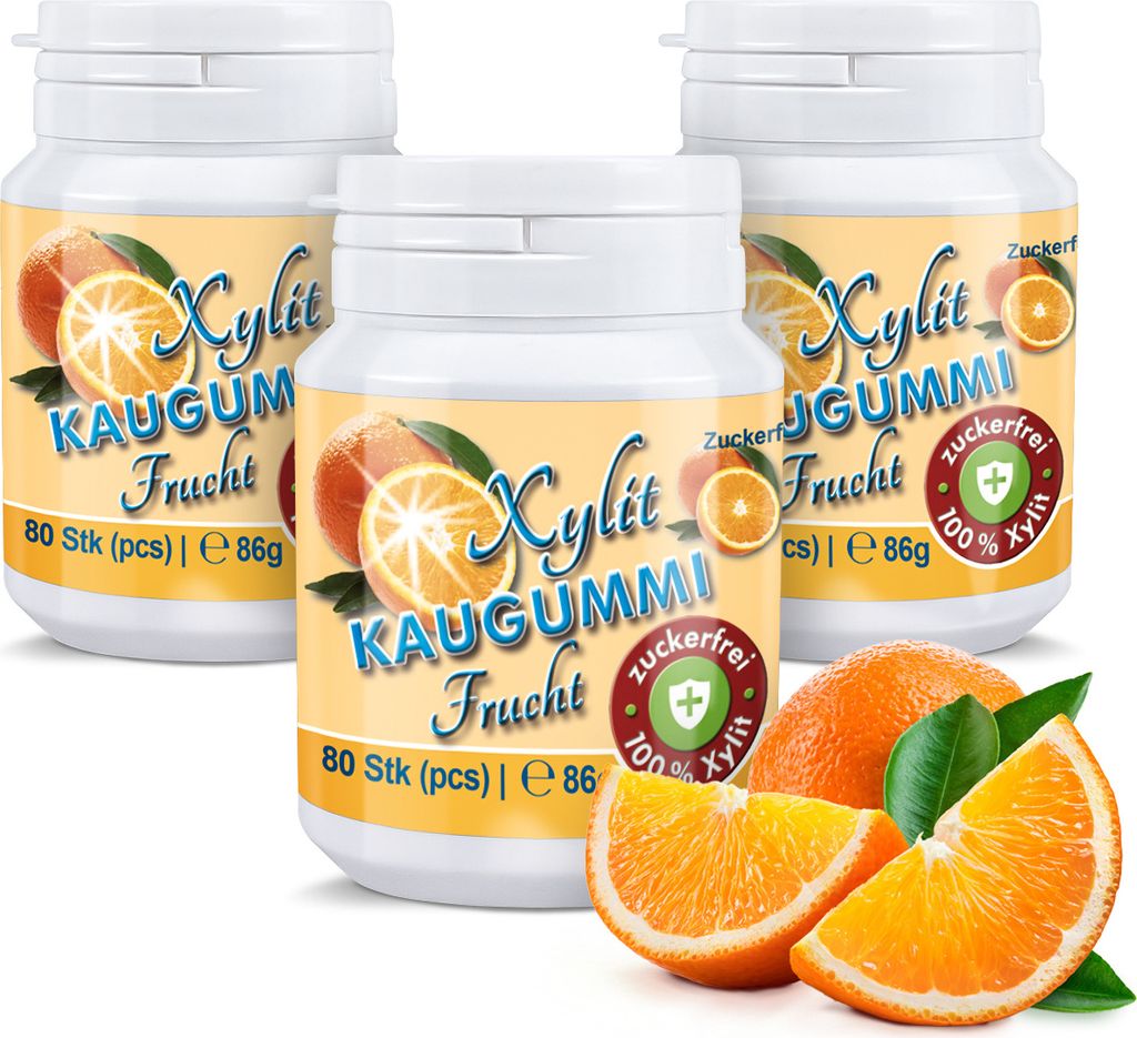 Xylitquelle Zahnpflegekaugummi FRUCHTIG | 3 x 80 Stk | 100% Xylit für angenehmen Atem | zuckerfrei, vegan, ohne Aspartam | 240 Kaugummis (3er Pack)
