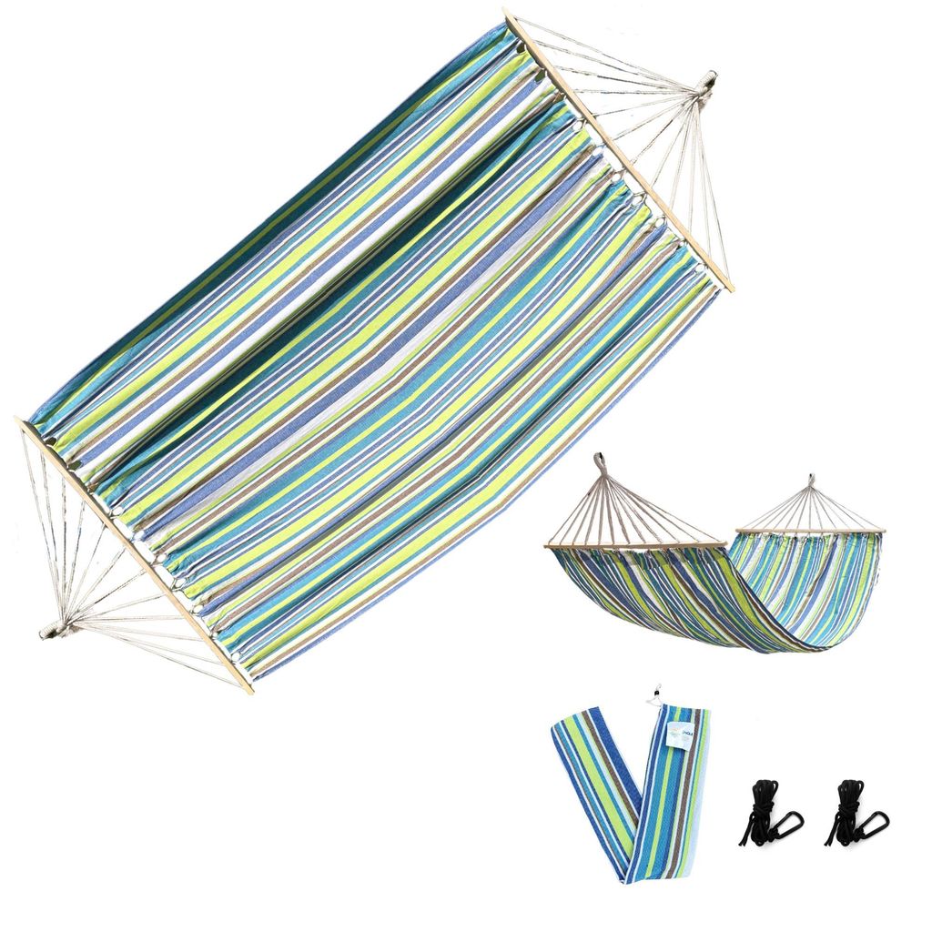 Rijoka Hängematte mit Spreizstange – 200x140cm – Blau/Grün/Braun gestreift – 1 Person – Inkl. 2 Haken, Seil und Aufbewahrungstasche – J...