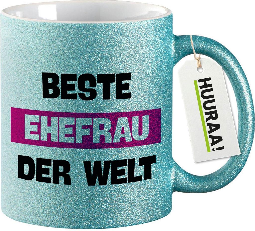 Huuraa Glitzertasse Beste Ehefrau der Welt 330ml Blau Keramik Kaffeebecher Geschenkidee