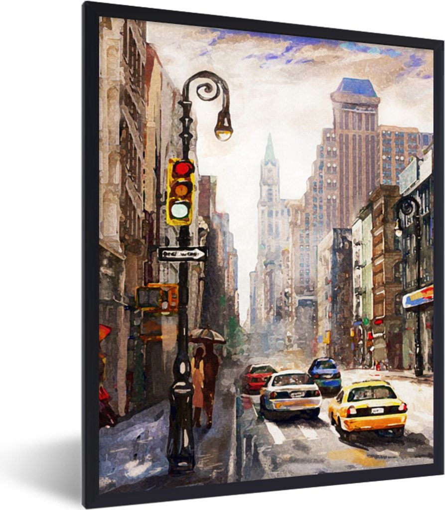 MuchoWow Gerahmtes Poster Gemälde - Stadt - Auto - Öl 60x80 cm - Poster mit Schwarzem Bilderrahmen Wandposter Rahmen Foto Bilder - Premium - Wa...