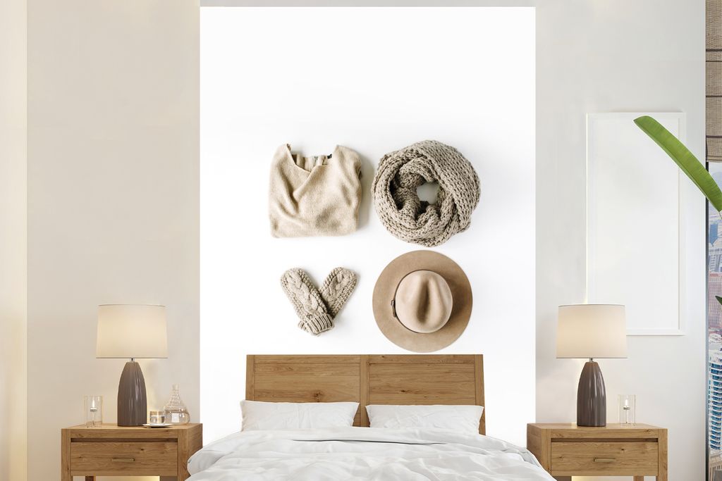 MuchoWow Fototapete für Wohnzimmer oder Schlafzimmer Wandtapete Vinyl Motivtapete Winter - Pullover - Schal - Mütze - 160x240 cm - Vinyltapete