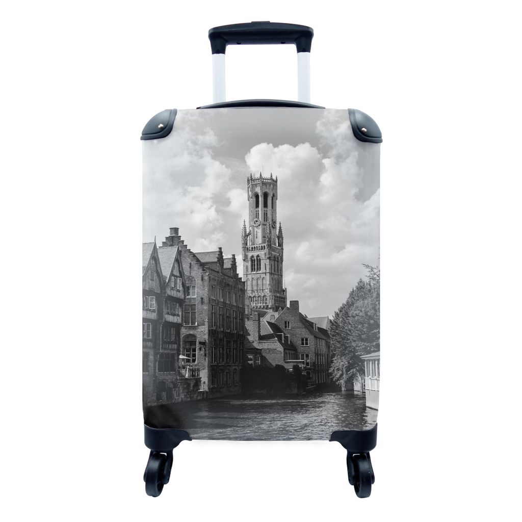 MuchoWow Koffer Handgepäck Trolley Rollkoffer Kleine Reisekoffer mit 4 Rollen - Brügge - Schwarz - Weiß - Turm - Cabin Size < 55x40x23 cm & 55...
