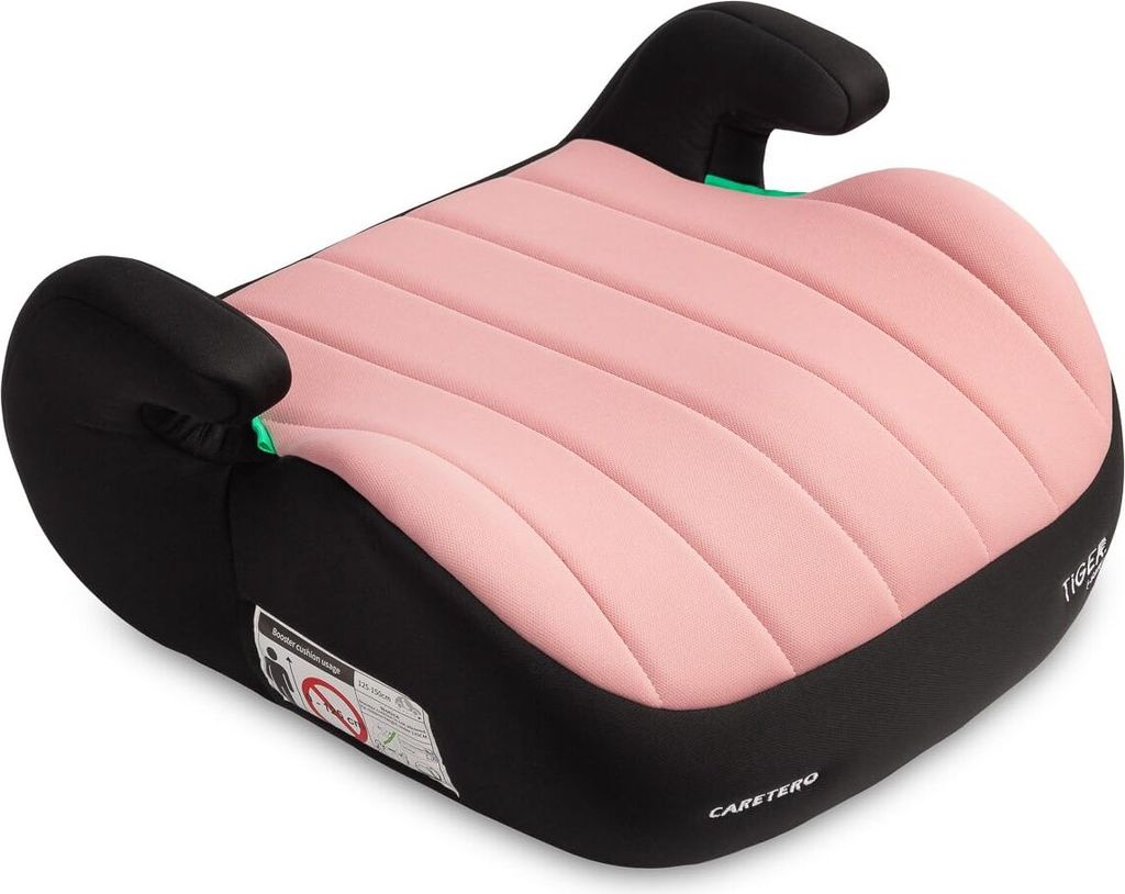 A pink and black child's car seat booster.
