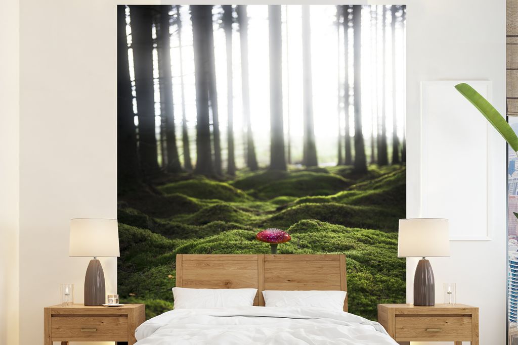 MuchoWow Fototapete für Wohnzimmer oder Schlafzimmer Wandtapete Vinyl Motivtapete Wald - Pilz - Moos - 195x240 cm - Gemusterte