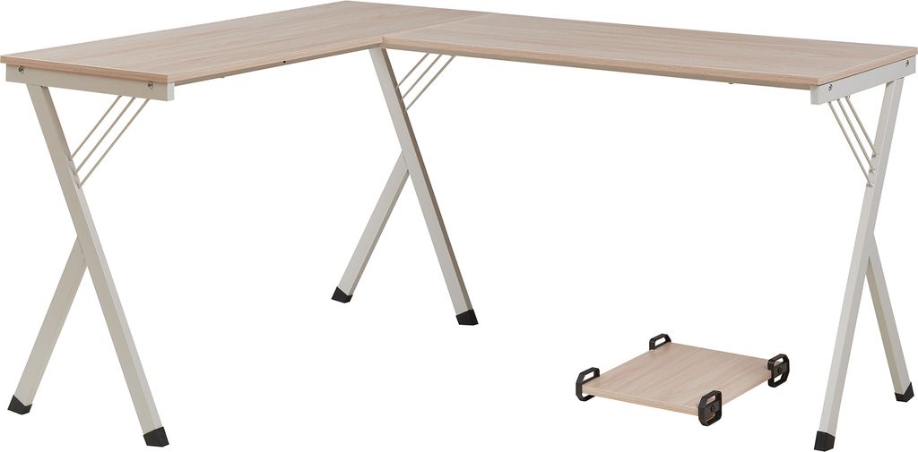 An L-shaped desk with a small square shelf with wheels in front of it, all on a white background.