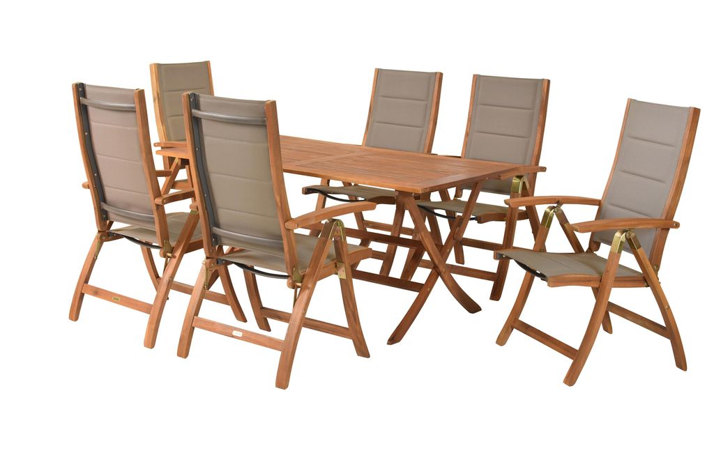 Merxx Gartenmöbel Set Acapulco 7tlg., 6 Klappsessel, Klapptisch 160 x 90 cm - Akazie/Textil