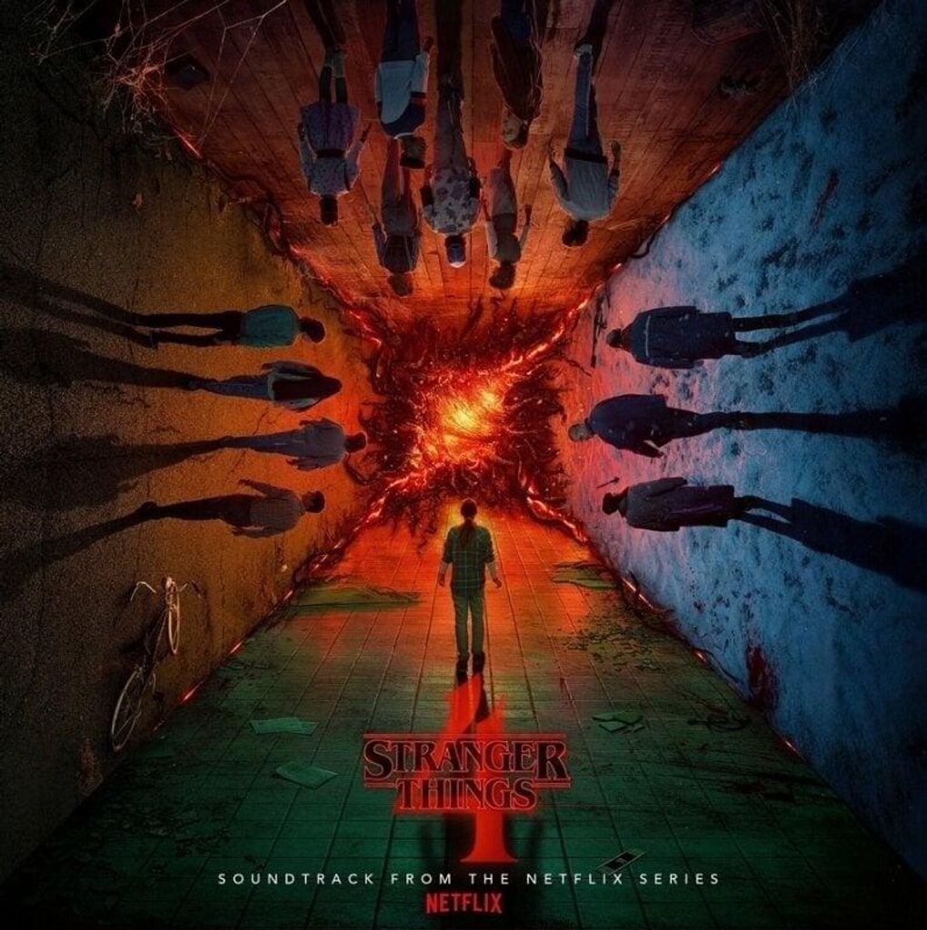 The image depicts the cover art for the Stranger Things Season 4 soundtrack, featuring characters from the show in a surreal, otherworldly setting.