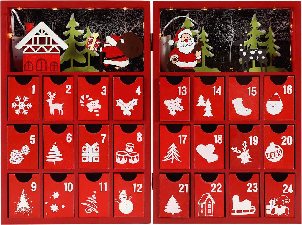 Rebecca Mobili Roter Adventskalender in Buchform mit 24 Schubladen und Lichtern
