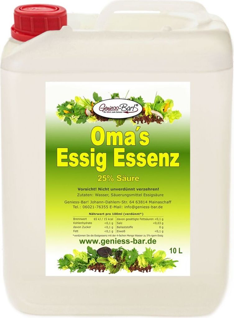 10L Oma`s Essigessenz 25% Säure Unser Geschmackssieger für die gute Küche & Haushalt / Entkalken / Reinigen ohne Chemie mit Essig Essenz