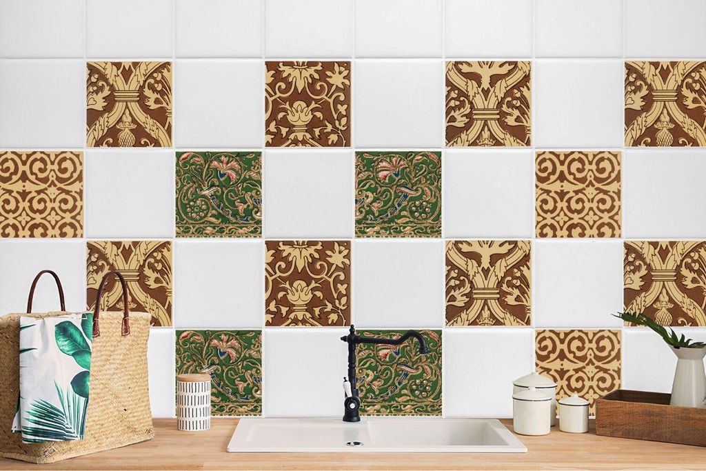 24 Stück Magic Stick Fliesenfolie Dekor Fliesenaufkleber für Küche und Bad Arabeske Retro 20 x 20 cm