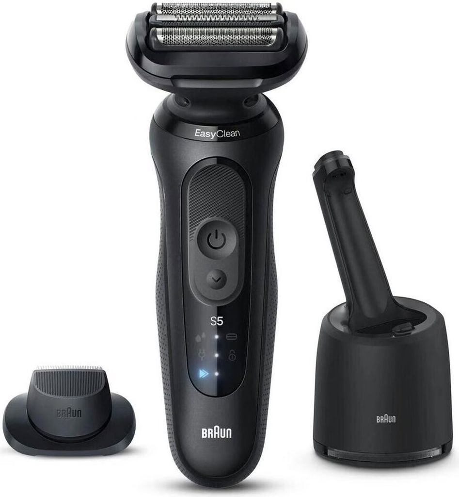 A black Braun Series 5 electric shaver with its cleaning station and a trimmer attachment, displayed on a white background.