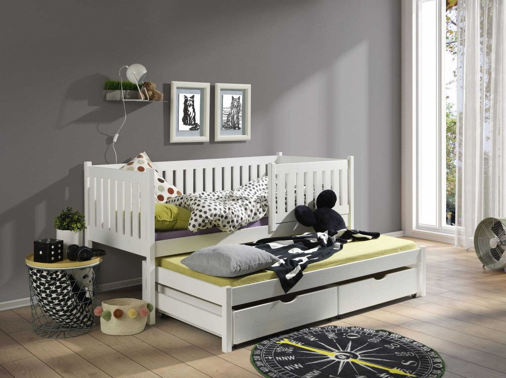 KEF Kinderbett PATRICK Bett aus Holz mit Stauraum Ausziehbett für ZWEI Personen ohne Matratze Weiß 80x190 cm