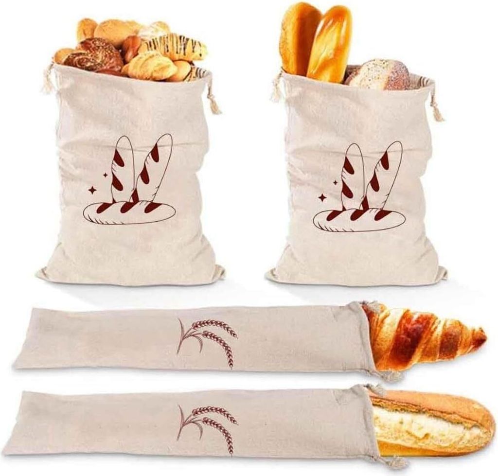 Brotbeutel Leinen, 4er Set Brotsack mit Kordelzug Baguette Brotsack Leinenbeutel Wiederverwendbar für Brot Backen Obst Gemüse Aufbewahrung Frisch...