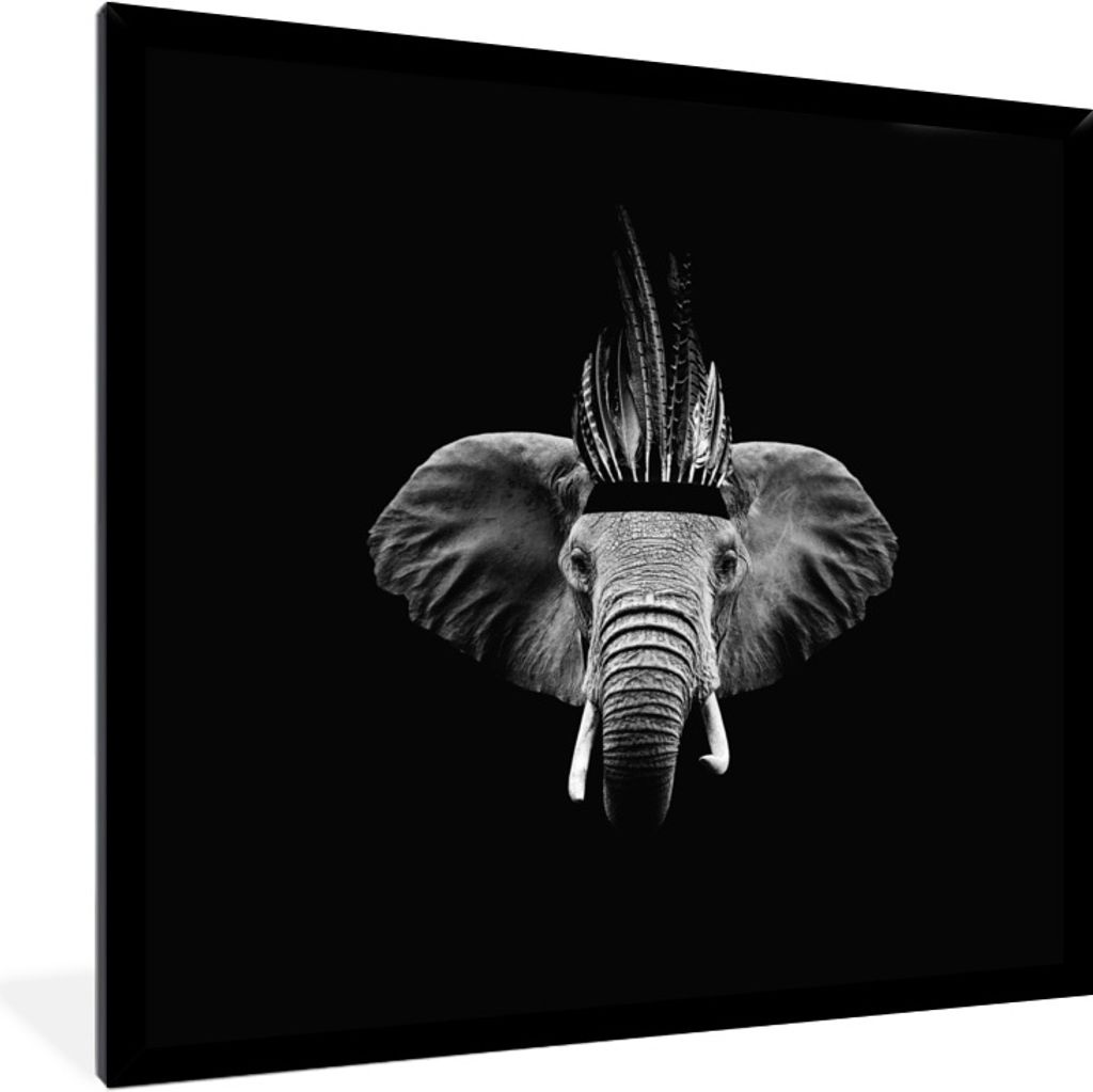 MuchoWow Gerahmtes Poster Elefant - Federn - Hut - Schwarz - Weiß 40x40 cm - Poster mit Schwarzem Bilderrahmen Wandposter Rahmen Foto Bilder - M...