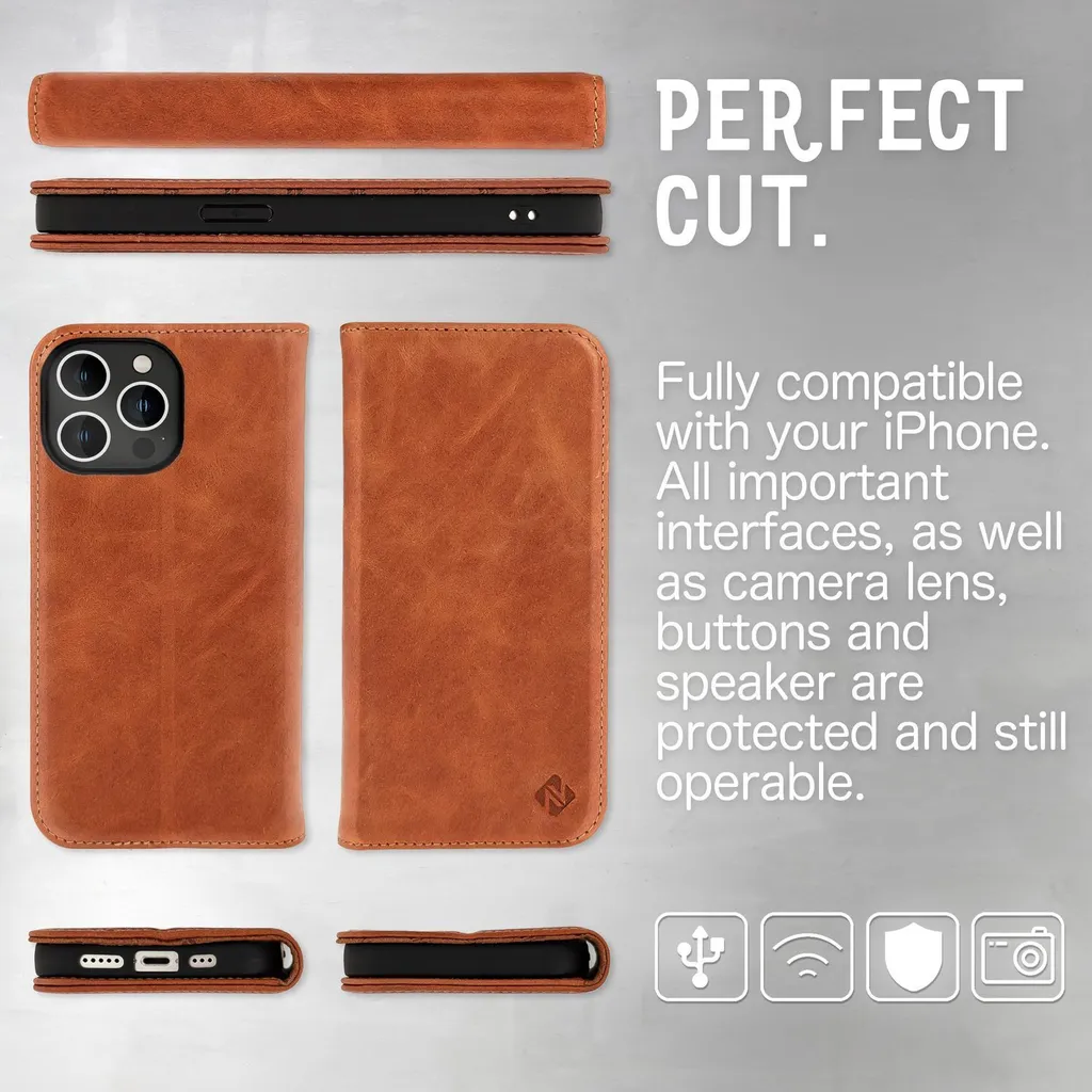 Housse iPhone 14 Pro cuir marron : Protection RFID et rabat aimanté