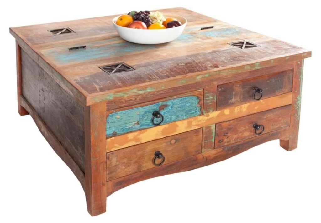 Quadratischer Couchtisch PATCHWOOD 70 cm aus buntem recyceltem Holz mit Schubladen und Truhe