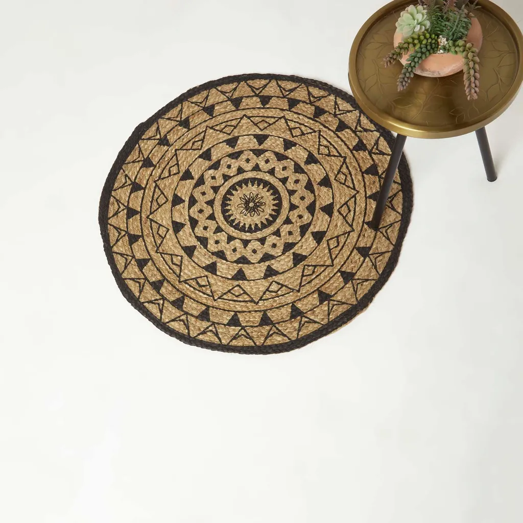 Tapis de salon rond Mandala 90 cm déco bohème jute noir et beige