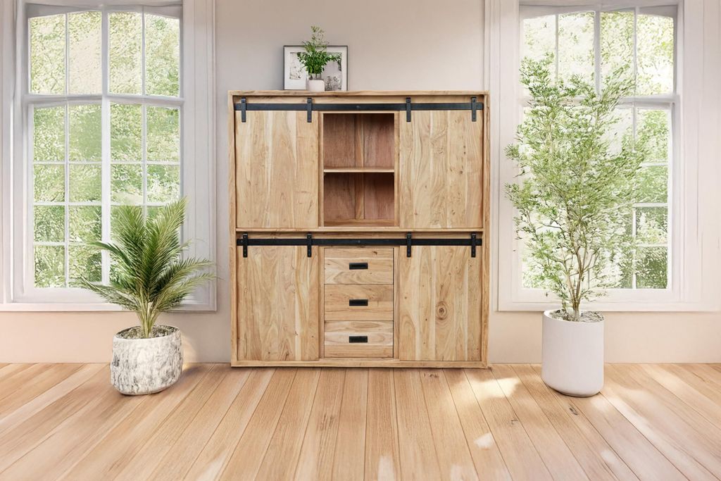 Highboard Lian I | Akazienholz massiv | Farbe: Natur | 150x45x160 cm | 10 Fächer & 3 Schubladen | 4 x Holz-Schiebetüren | Baumkante | Gusseiserne...
