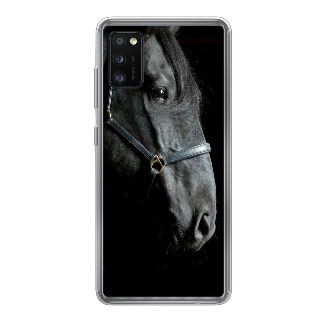 MuchoWow Handyhülle Schutzhülle Hülle für Samsung Galaxy A41 Pferd - Leicht - Schwarz Silikon Softcase Handy Hülle - Mobiltelefon