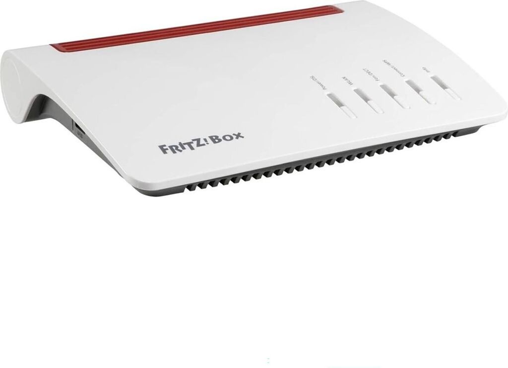 A white FRITZ!Box router with a red accent strip on a white background.