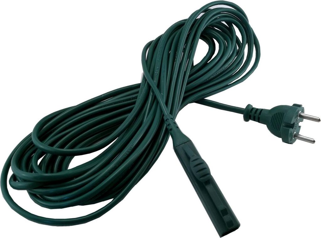 A coiled green power cord with a European-style plug.