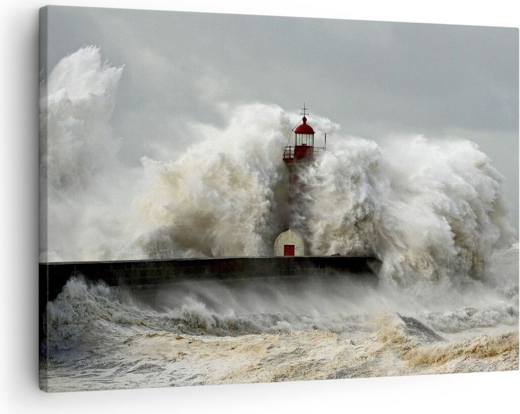Bild auf Leinwand - Leinwandbild - Leuchtturm Ozean Sturm - 70x50cm - Wand Bild - Wanddeko - Leinwanddruck - Bilder - Kunstdruck - Wanddekoration -...
