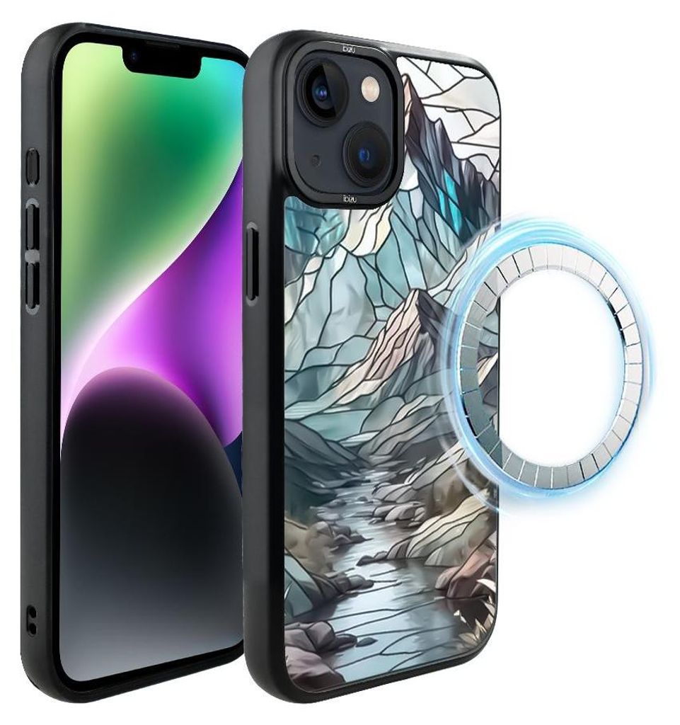 Schutzhülle für das iPhone 14 Plus, MagSafe-kompatibel, mattschwarze Seiten, Glasmalerei, Berglandschaft