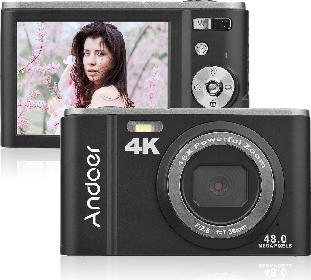 Andoer Tragbare Digitalkamera 48 MP 4K 2,8-Zoll-IPS-Bildschirm 16-facher Zoom Selbstausloeser Gesichtserkennung Anti-Shaking Eingebauter Akku mit H...