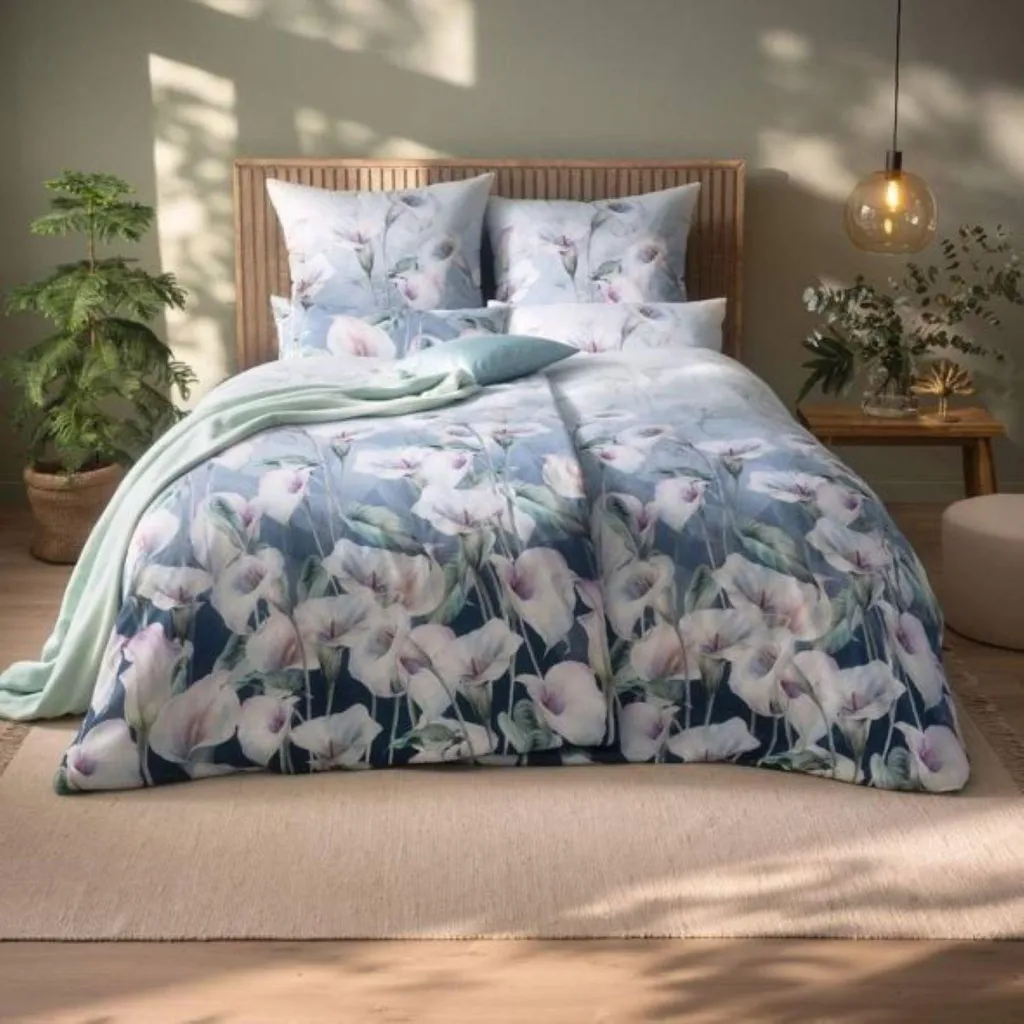Housse de Couette Satin de Coton Navy Estella Carolin avec 2 Taies d'Oreiller