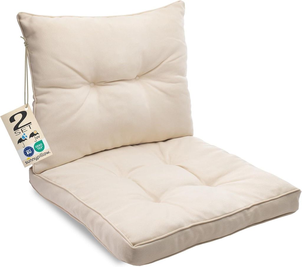 sunnypillow Polster für Gartenmöbel - 2er Set : Sitzkissen 70 x 70 cm + Rückenlehne 70 x 40 cm - Polsterauflagen für Rattanmöbel - Kissen Ecru