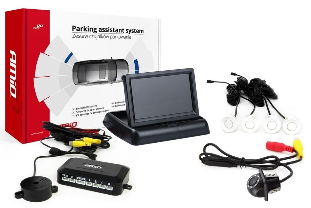 Parkassistent Komplettset 4,3" TFT, HD-305-LED Kamera, 4 Weiße Sensoren