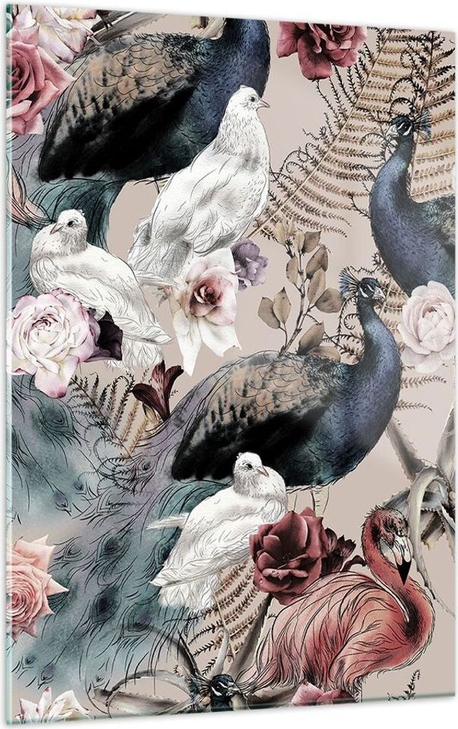 Bilder auf glas - Einteilig - Pfauen Squab Flamingos - 50x70cm - Glasbilder - Wandbilder - Bilder - zum Aufhängen bereit - Wanddekoration aus Glas...