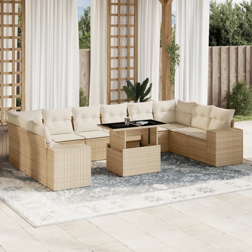 Möbel 11-tlg. Garten-Sofagarnitur mit Kissen Beige Poly Rattan - Sitzgruppe 3269408