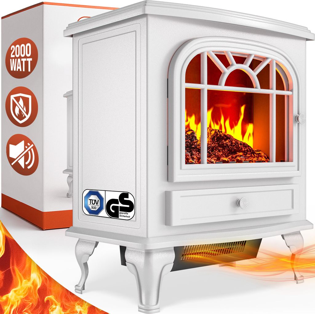 A white electric fireplace with a realistic flame effect, shown with safety and power certifications on the side.