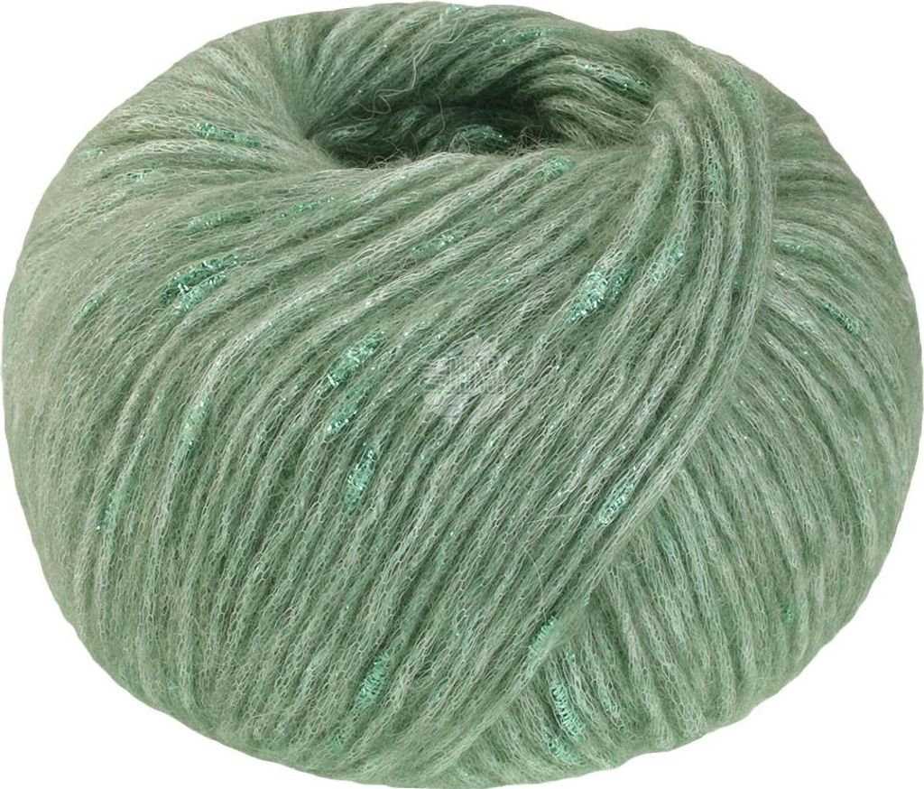 A ball of green yarn with metallic threads.