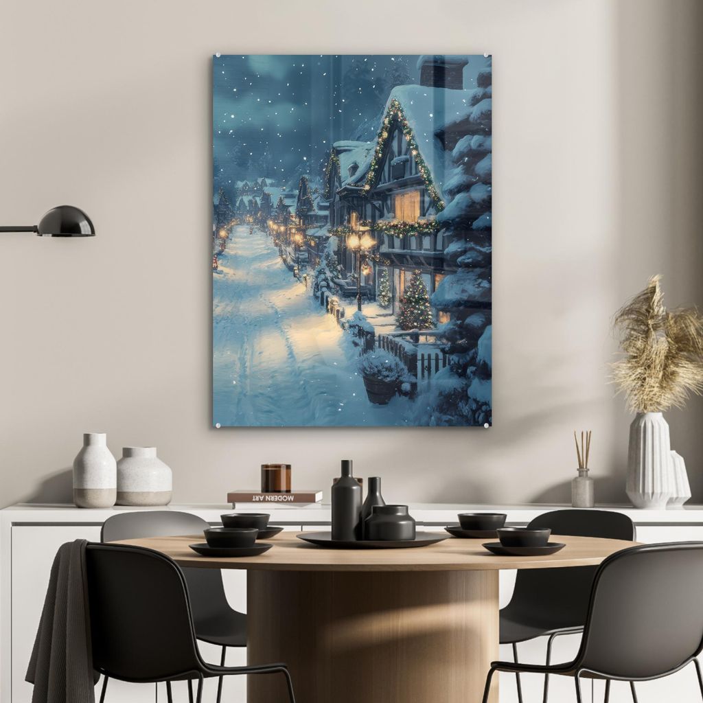 MuchoWow Glasbilder - Bilder auf Wandbild - Foto auf Glas Weihnachtsdorf - Weihnachten - Schnee - Winter 60x80 cm Wanddekoration aus Glas - Acrylgl...