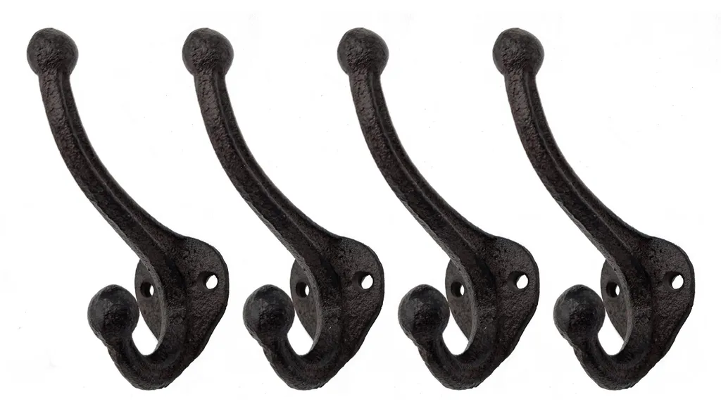 Rangement mural solide : lot de 4 crochets doubles en fonte 11 cm brun