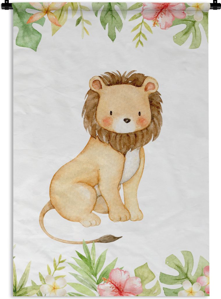 MuchoWow Wandteppich Wandbehang Löwe - Dschungel - Blumen - Blätter 120x180 cm Tapisserie Dekoration Wandtuch - Schlafzimmer - Dekorationen fü...